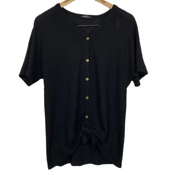 MIHOLL WOMEN'S BLACK BUTTON DOWN TIE FRONT SHORT SLEEVE WAFFLE SHIRT MEDIUM-EUC - Picture 5 of 7